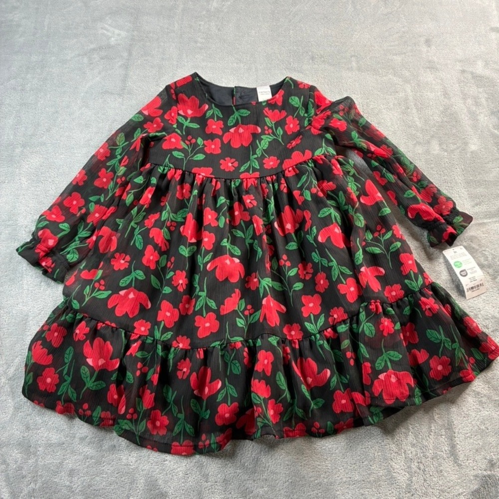 Child of Mine Carter's Girls Black Red Floral Long Sleeve Tiered Dress Size 3T‎